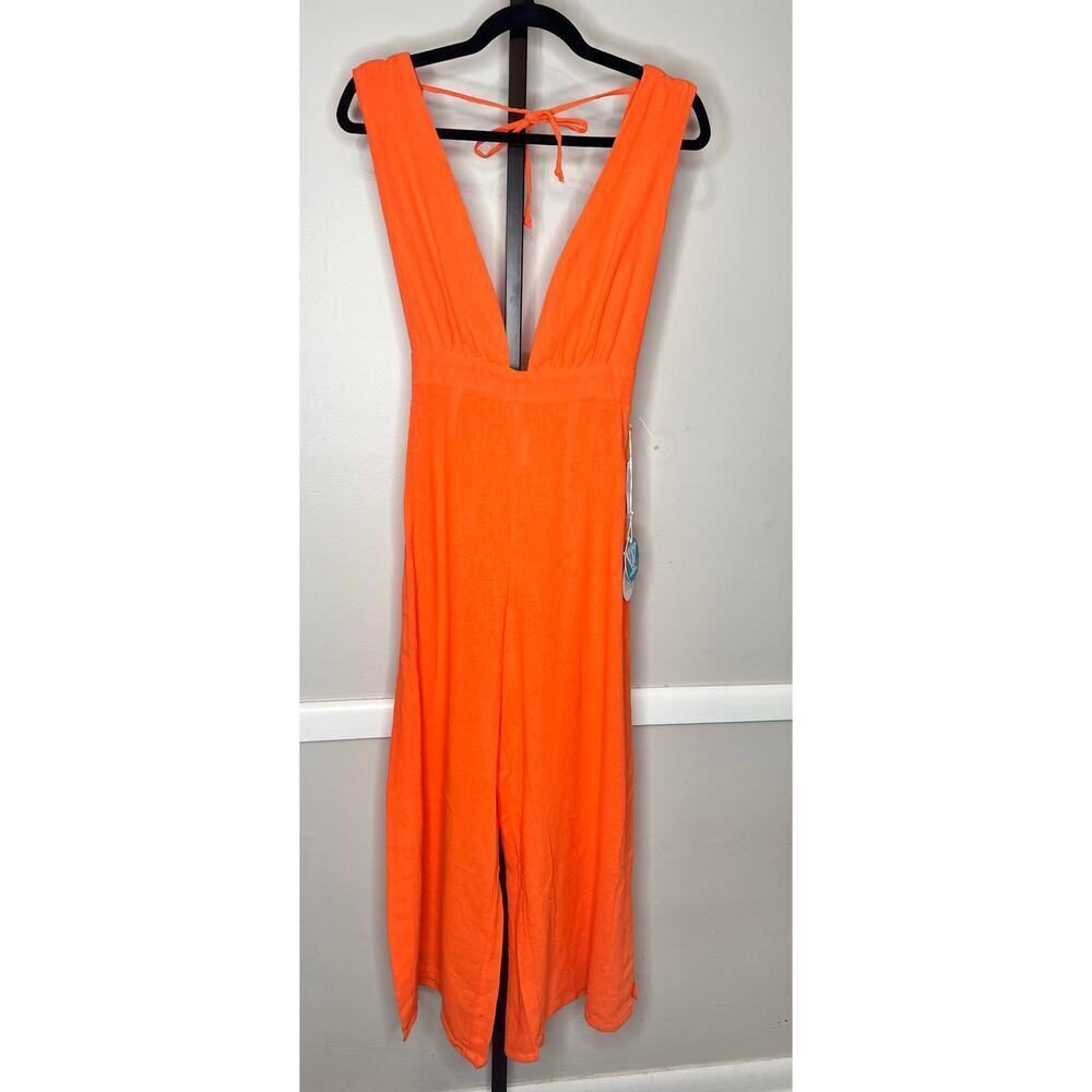 ☀️NWT Wet Vermillion Plunge Neck Tie Waist Cover-Up Jumpsuit Orange Size XS - Picture 3 of 8